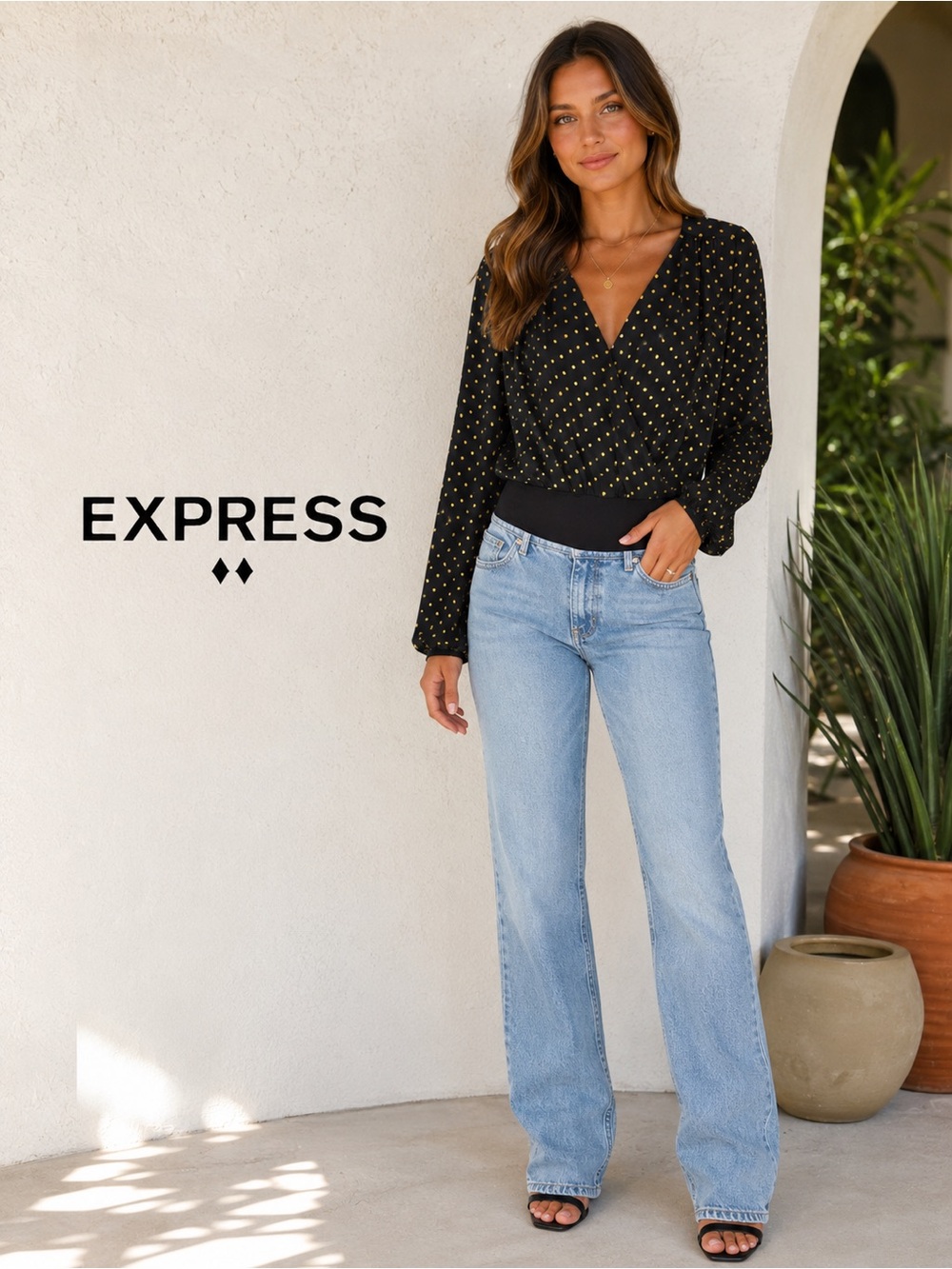 Express One Piece Black Gold Polka Dot Wrap Bodysuit Blouse Size S